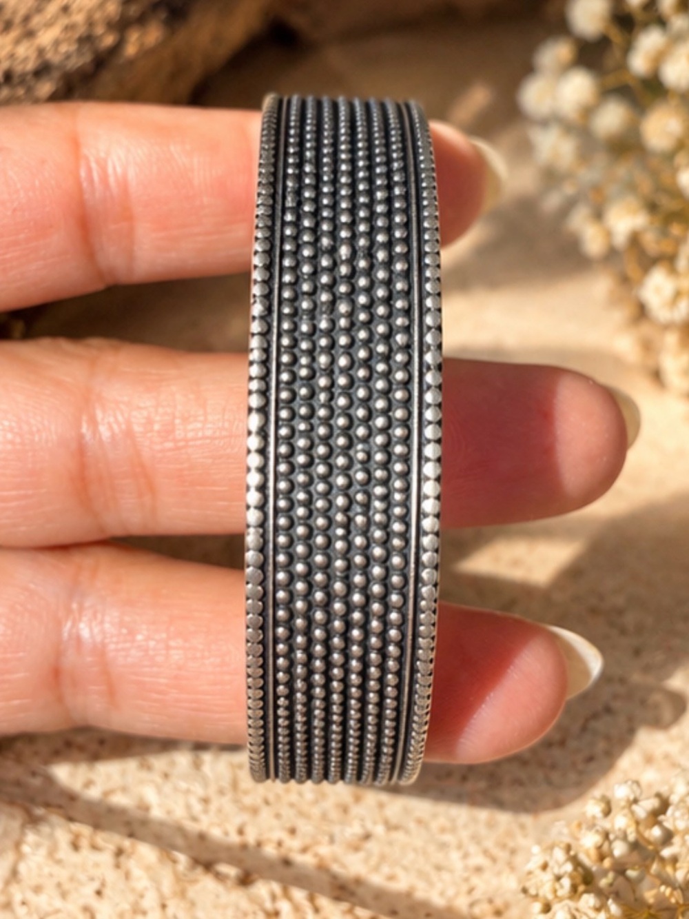 925 sterling silver Vintage-Style Black Beaded Cuff Bracelet – Textured Design